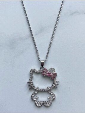 Sanrio Hello Kitty Rhinestone Silhouette Pendant Necklace Silver Tone Pink Kawai